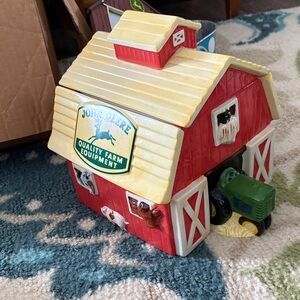 John Deere Red & Yellow Farm Barn with Green Tractor Cookie Jar